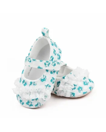 Pantofi  Cu Danteluta Si Floricele, Casual, Textil, Fete, Velcro, Alb, Verde