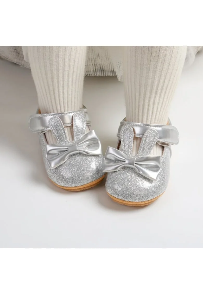 Pantofi  Cu Sclipici Si Urechiuse De Iepuras, Elegant, Piele ecologica, Fete, Velcro, Argintiu