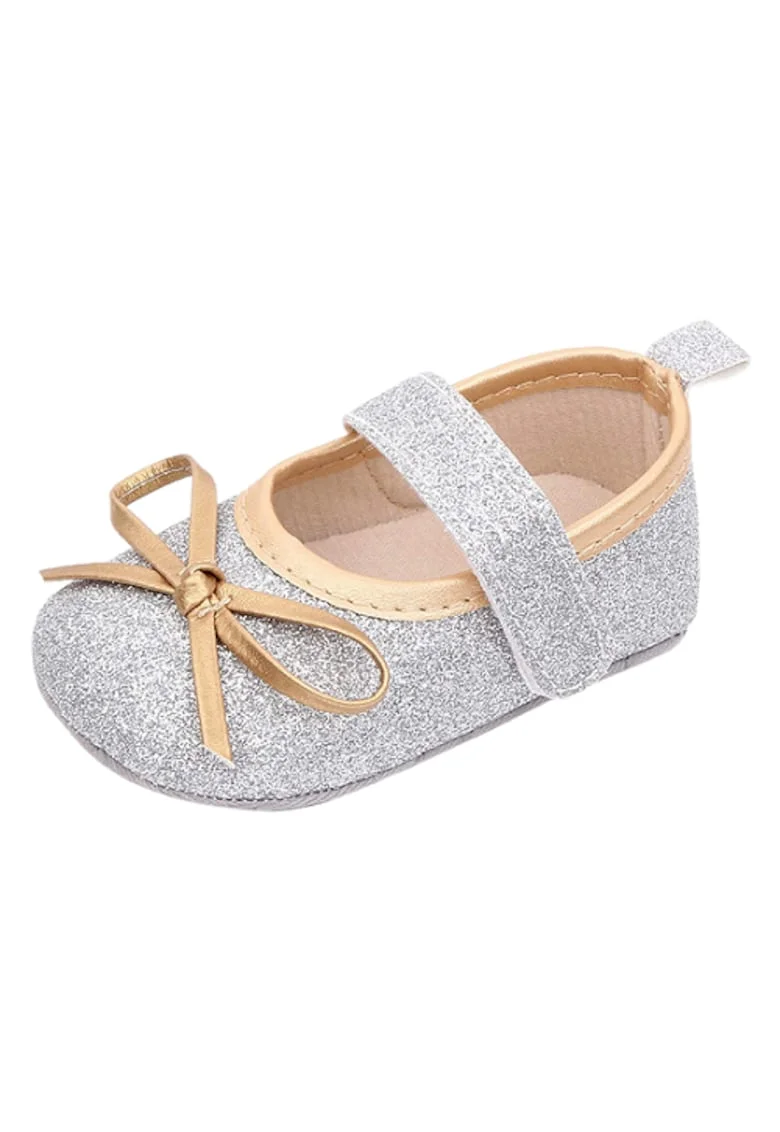 Pantofi  Cu Fundita Aurie, Elegant, Piele ecologica, Fete, Velcro, Argintiu