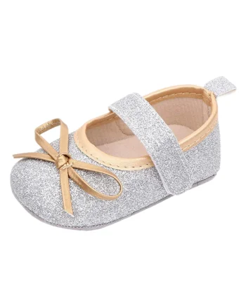 Pantofi  Cu Fundita Aurie, Elegant, Piele ecologica, Fete, Velcro, Argintiu