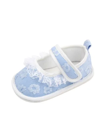 Pantofi  Cu Flori Brodate, Textil, Fete, Velcro, Albastru Deschis
