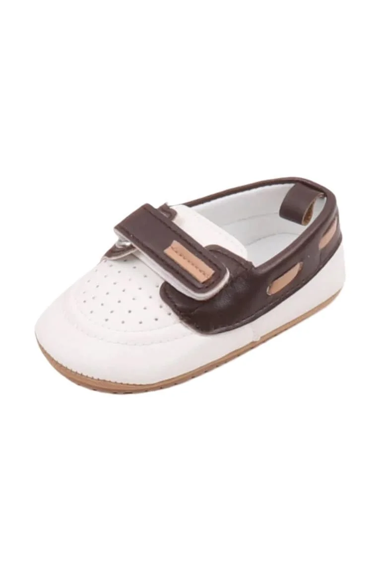 Pantofi  Tip Mocasini, Pentru Baietei, Elegant, Piele ecologica, Velcro, Alb, Maro