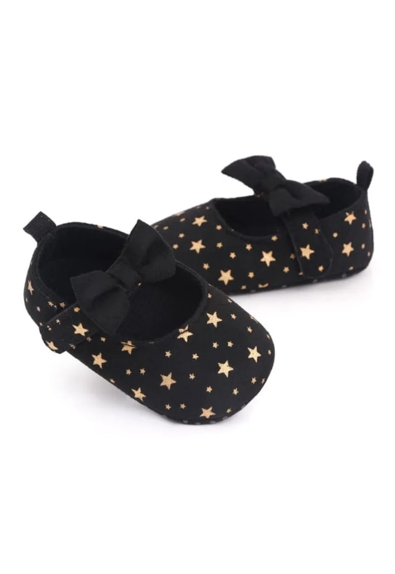 Pantofi  Cu Stelute Aurii Si Fundita, Casual, Textil, Fete, Velcro, Negru