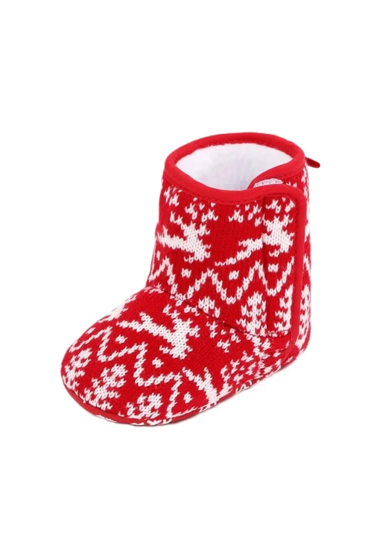 Cizme  Rosii Cu Reni Albi, Peste glezna, Fete, Baieti, Velcro