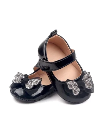 Pantofi  Cu Fundita Cu Strasuri, Elegant, Piele lacuita, Fete, Velcro, Negru