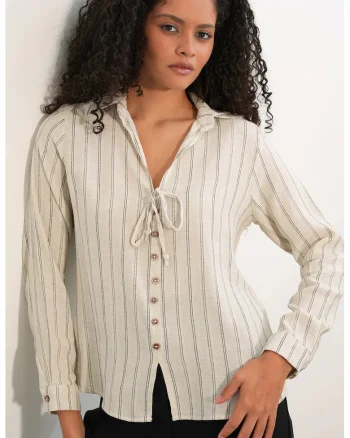 Camasi dama,  camasa din amestec de in cu dungi, crem natural, casual, maneca lunga,