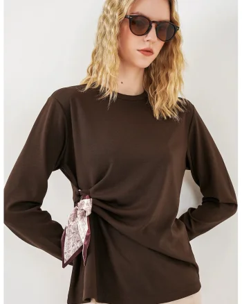 Bluze dama,  Bluza BDART, maneca lunga, maro cafea, viscoza/poliester/elastan