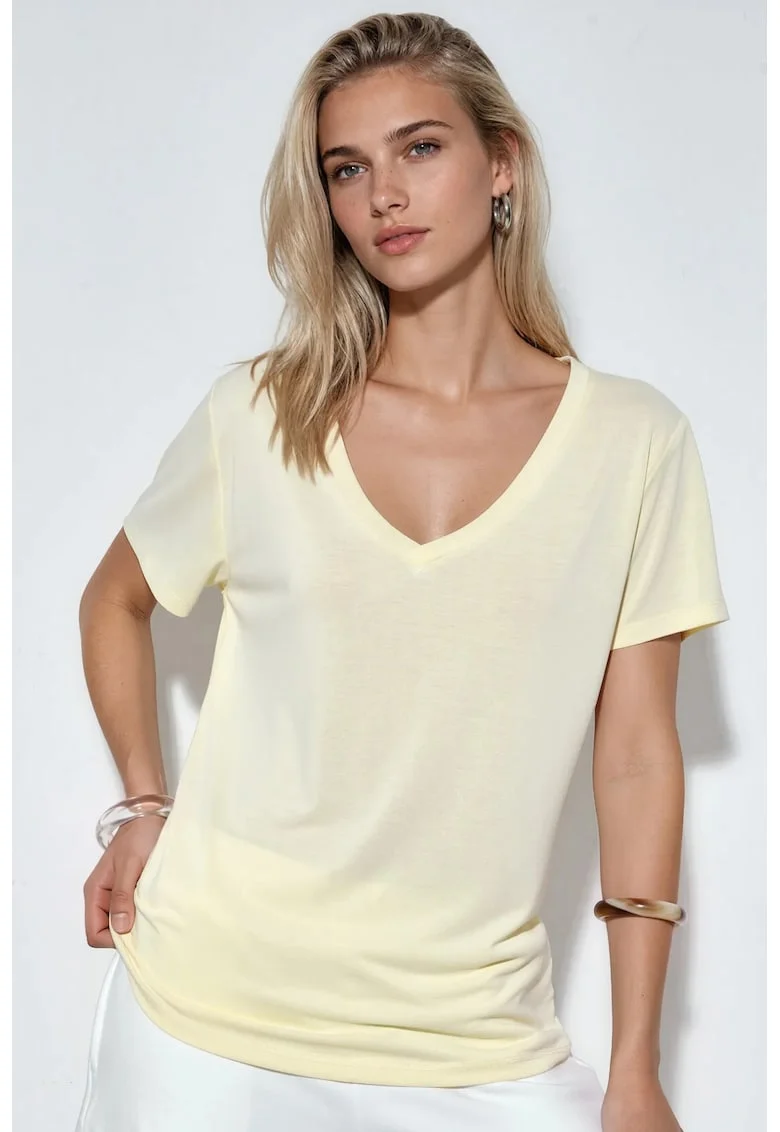 Bluza  casual, maneca scurta, crem natural, modal si poliester