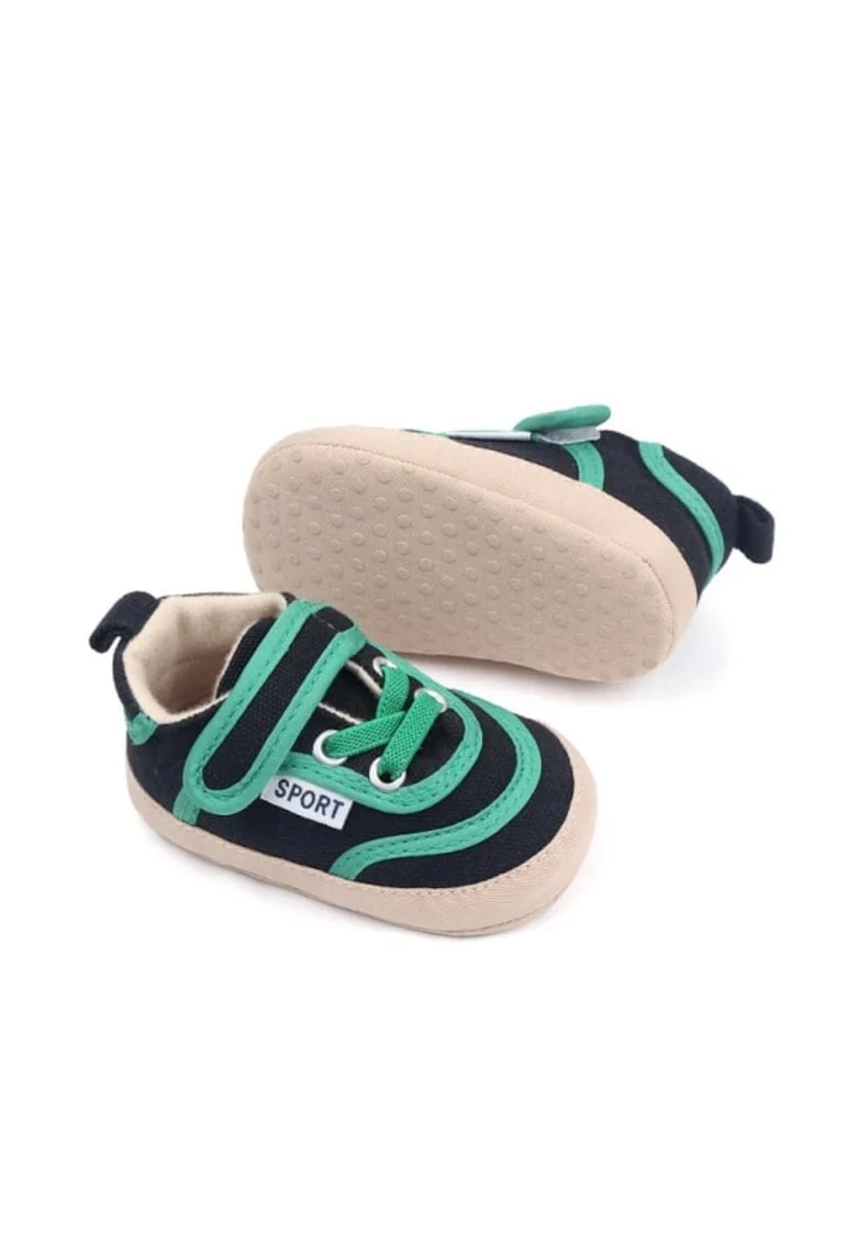 Pantofi sport  Model AL 16210 cu insertii verzi, pentru bebelusi, Textil, Negru, Negru