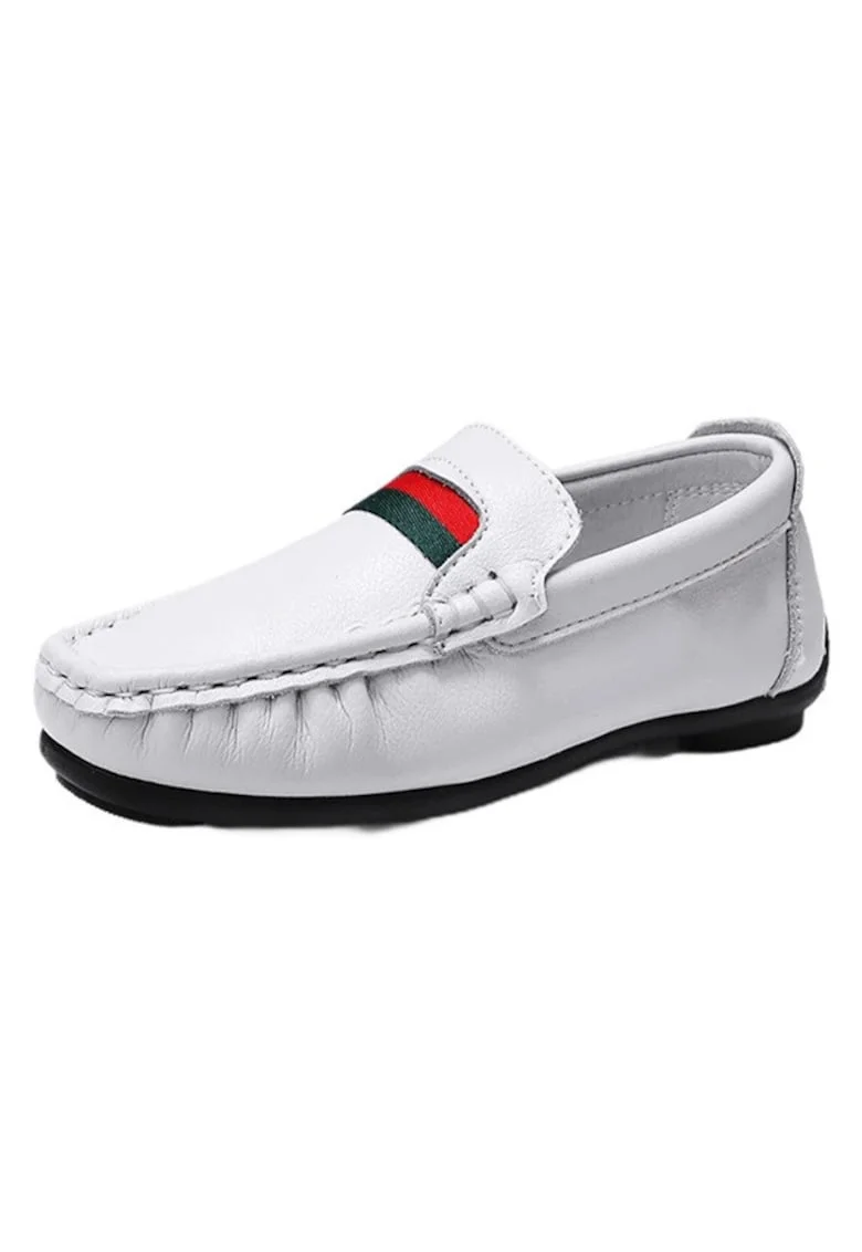 Pantofi  Tip Mocasini, Elegant, Piele ecologica, Baieti, Fara inchidere, Alb