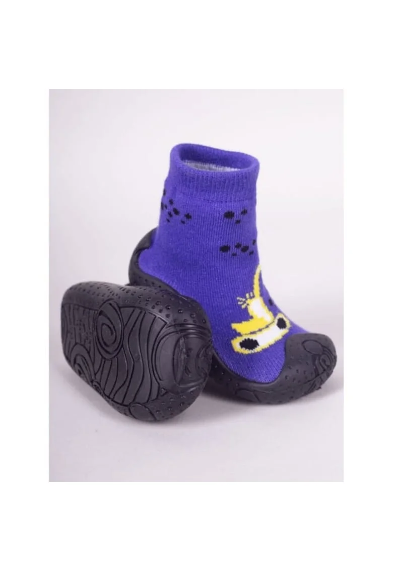 Botosi De Casa  Cu Talpa Antiderapanta, Design Cu Excavator Galben, Textil, Baieti, Albastru