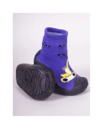 Botosi De Casa  Cu Talpa Antiderapanta, Design Cu Excavator Galben, Textil, Baieti, Albastru