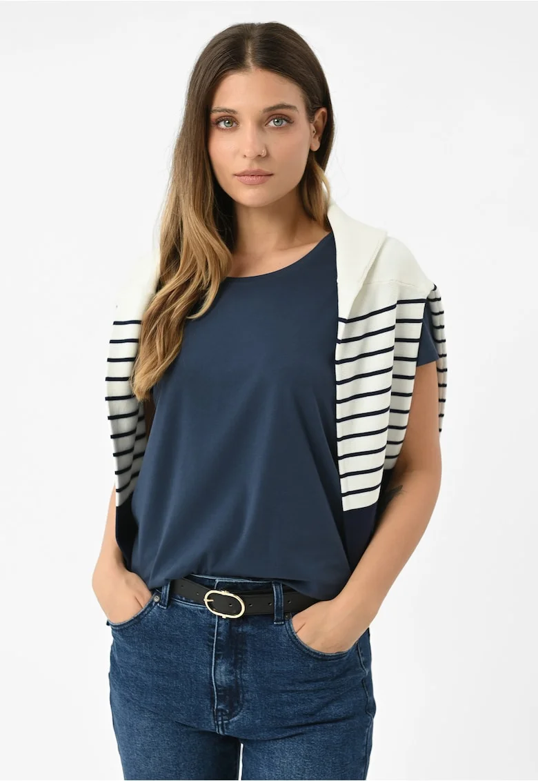 Tricou dama din bumbac, uni, Regular Fit, decolteu la baza gatului,  T-Diana, albastru marin, Bleumarin
