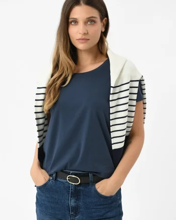 Tricou dama din bumbac, uni, Regular Fit, decolteu la baza gatului,  T-Diana, albastru marin, Bleumarin