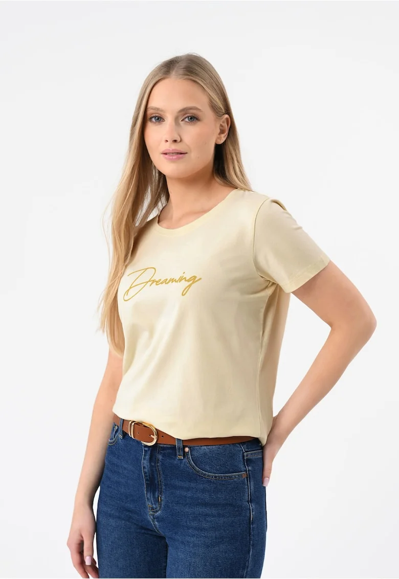 Tricou dama din bumbac cu imprimeu, Regular Fit,  T-Decore, crem,
