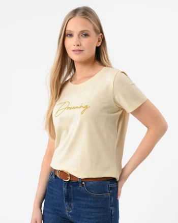 Tricou dama din bumbac cu imprimeu, Regular Fit,  T-Decore, crem,