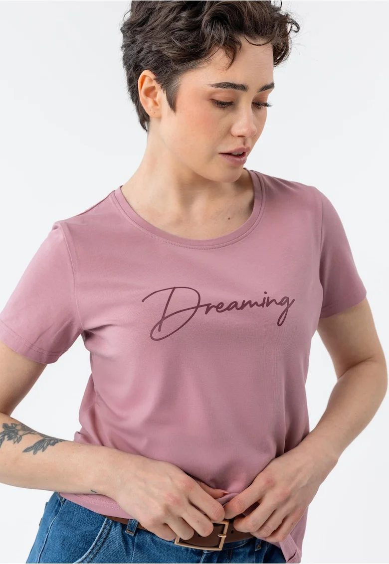 Tricou dama din bumbac cu imprimeu, Regular Fit,  T-Decore, roz,
