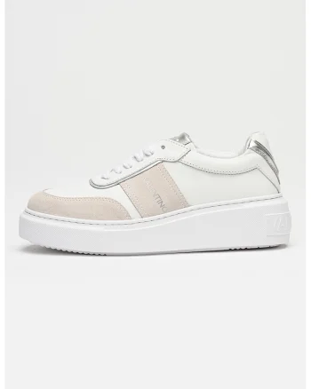 Pantofi sport de piele si piele intoarsa cu logo, Alb/Grej