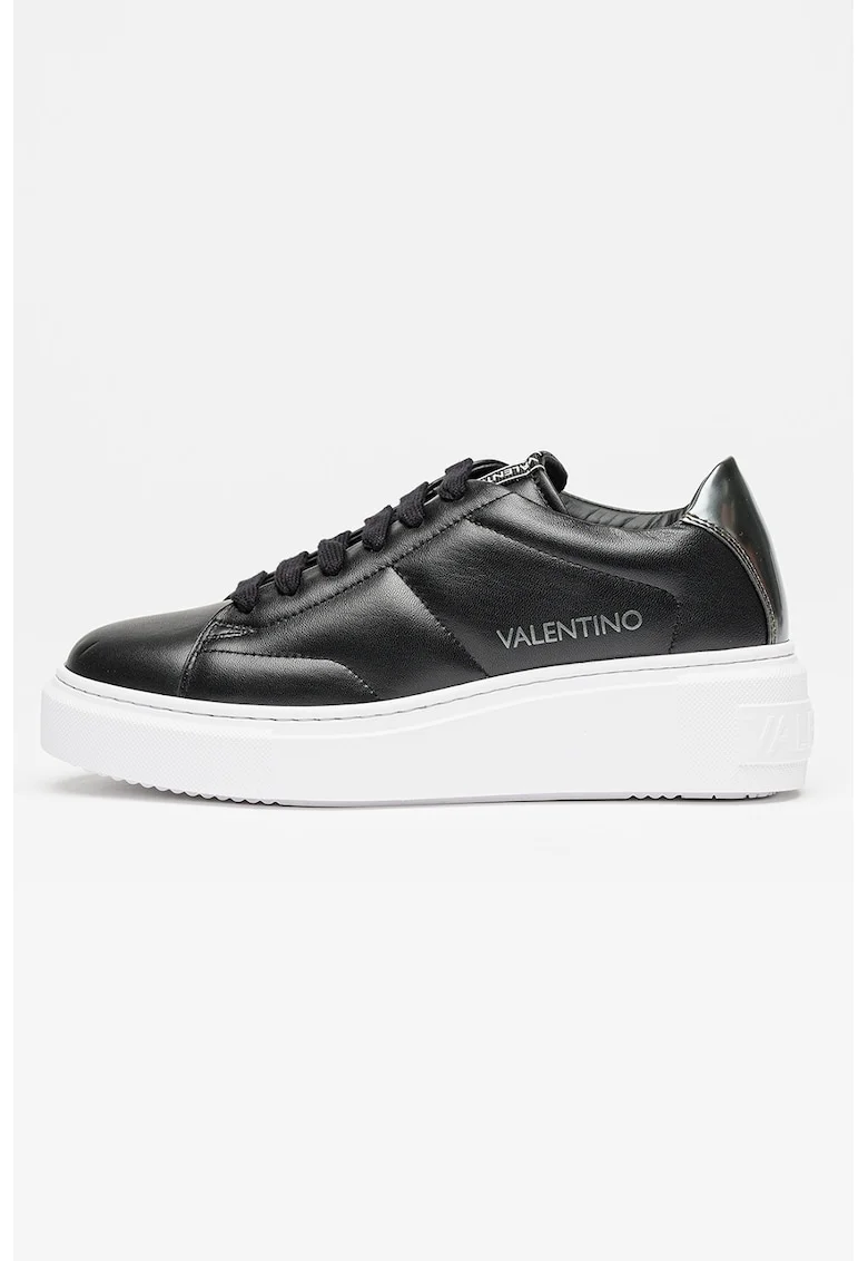 Pantofi sport wedge de piele cu logo, Negru/Argintiu