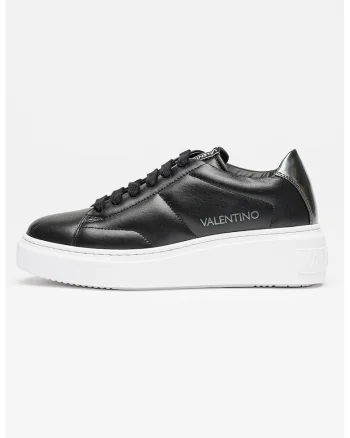 Pantofi sport wedge de piele cu logo, Negru/Argintiu