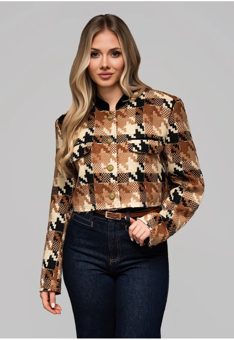 Sacou cu guler scurt din amestec de lana  OW-BLZB-0103, Maro camel