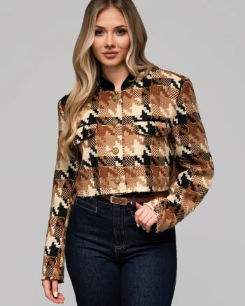 Sacou cu guler scurt din amestec de lana  OW-BLZB-0103, Maro camel