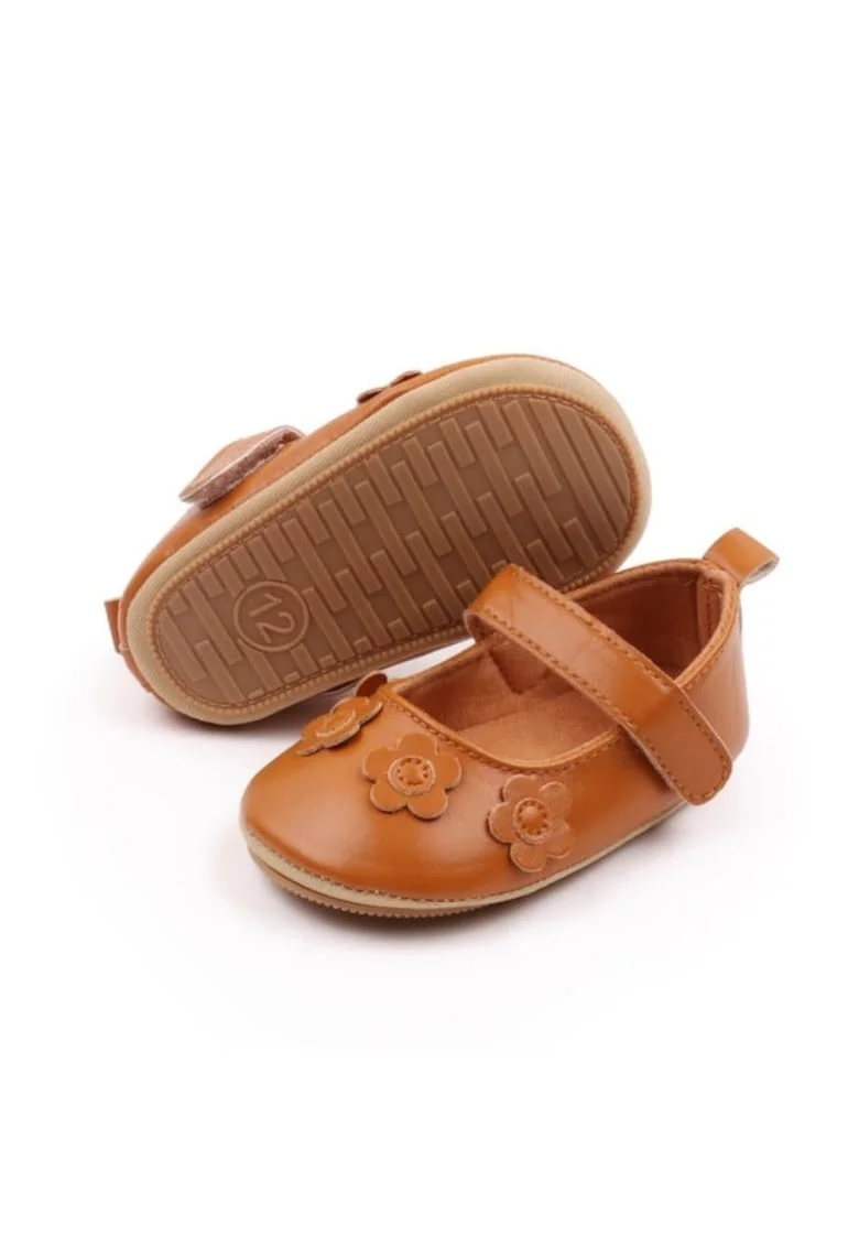 Pantofi SuperBaby, Model AL 13417 cu flori aplicate, Piele ecologica, Fete, 6-9 luni, Maro,
