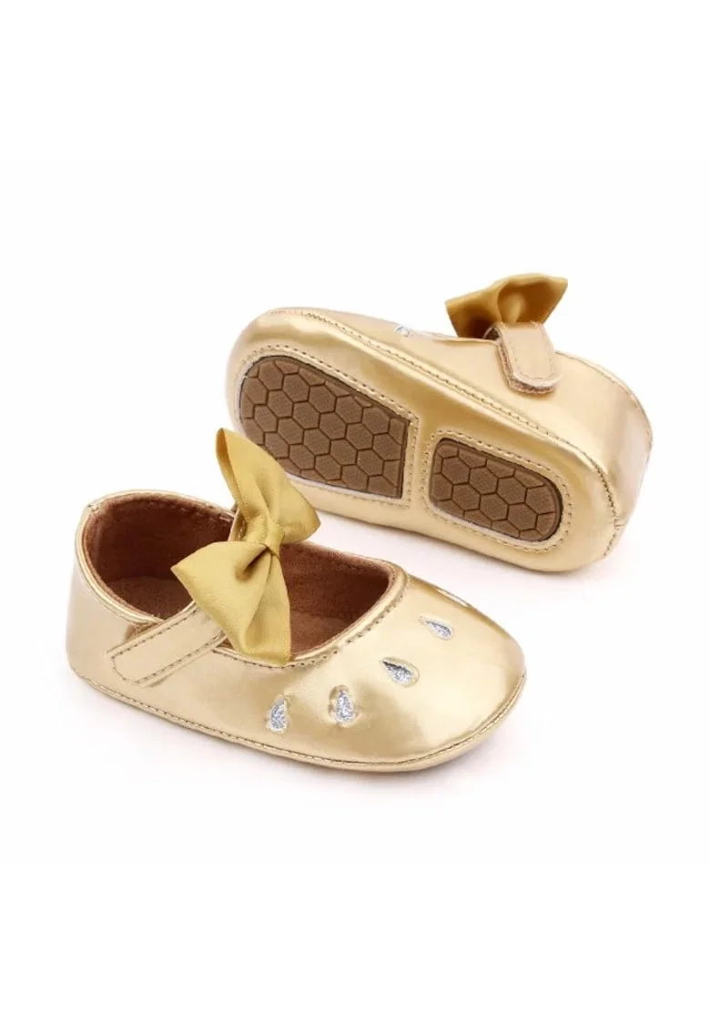 Pantofi  Din Lac, Cu Puncte Argintii, Elegant, Piele ecologica, Fete, Velcro, Auriu, Auriu
