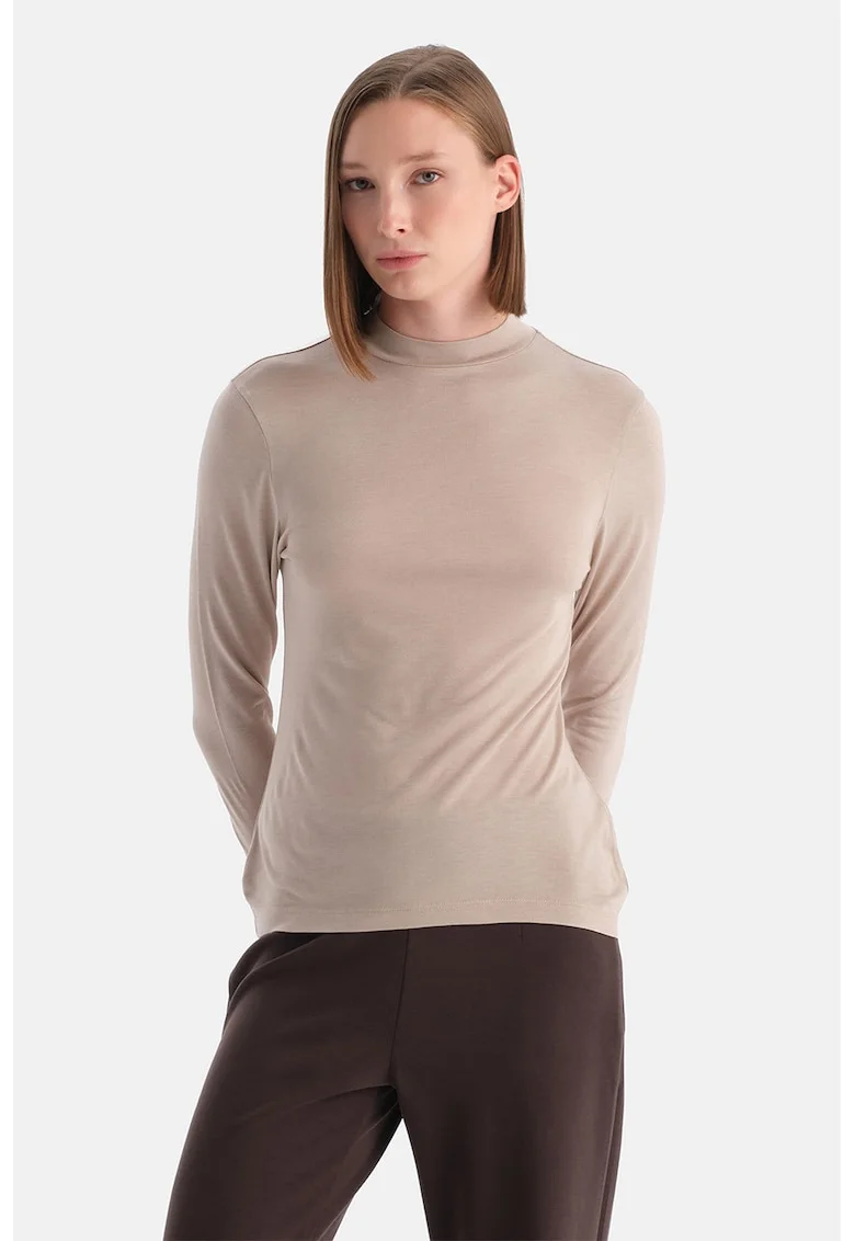 Bluza uni slim fit cu guler scurt, Bej melange