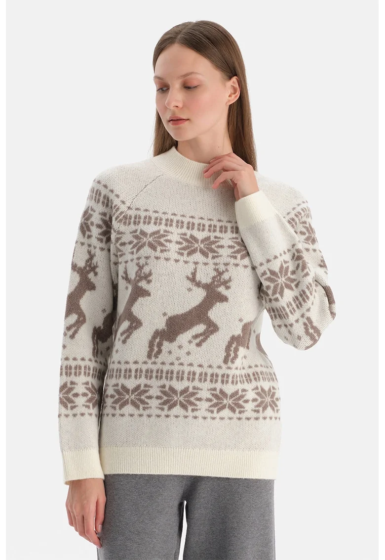 Pulover cu tematica de Craciun si maneci raglan, Maro/Alb murdar