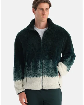 Bluza de trening din material teddy cu fermoar, Alb fildes/Verde englez