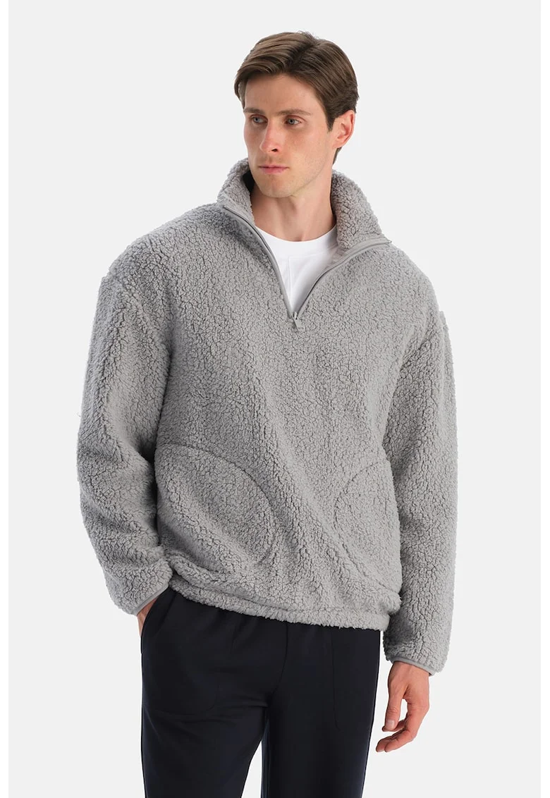 Bluza de trening din teddy cu fenta cu fermoar, Gri cenusiu