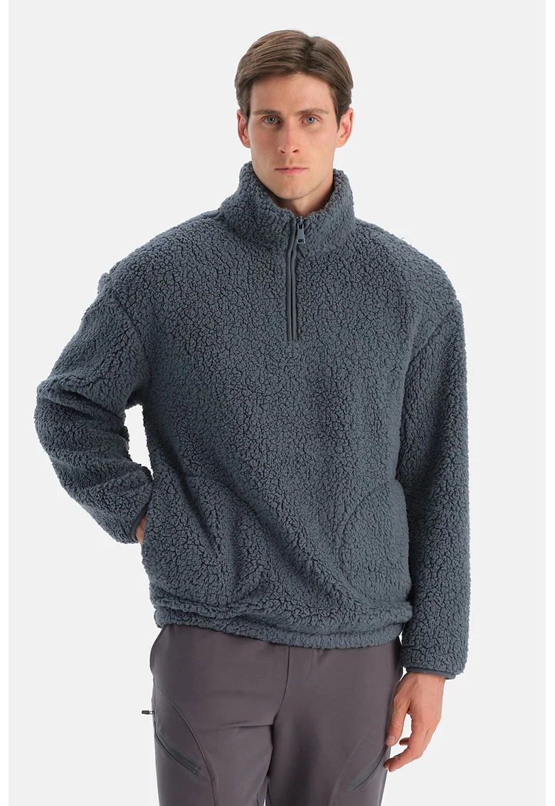 Bluza de trening din teddy cu fenta cu fermoar, Gri carbune