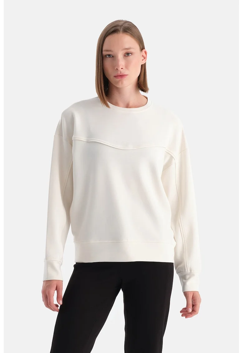 Bluza uni de trening cu decolteu la baza gatului, Alb fildes