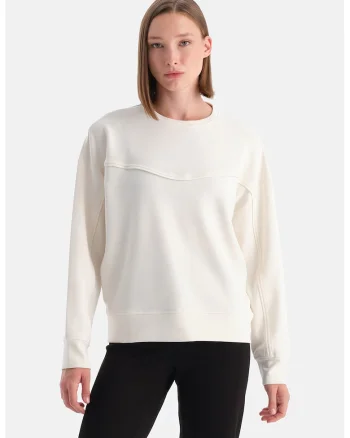 Bluza uni de trening cu decolteu la baza gatului, Alb fildes