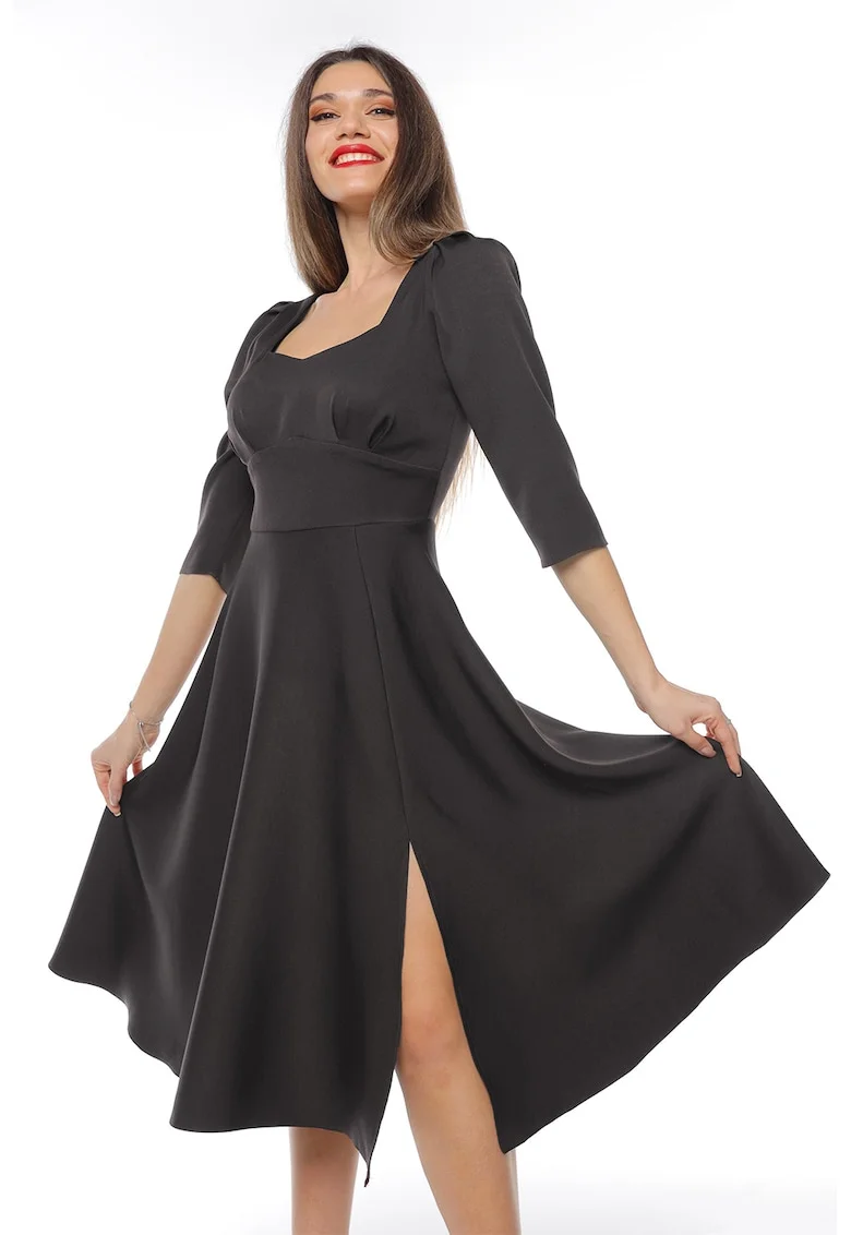 Rochie midi cu slit lateral, Negru
