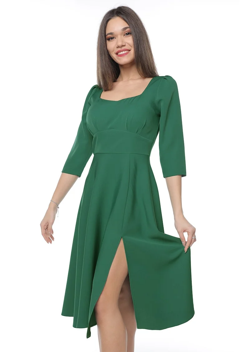 Rochie midi cu slit lateral, Verde