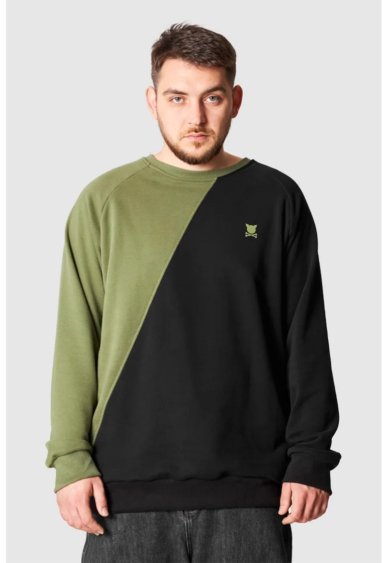 Bluza de trening cu maneci raglan, logo si model unisex, Negru/Kaki