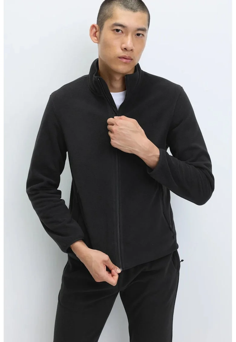 Bluza de trening din fleece cu guler scurt si fermoar, Negru