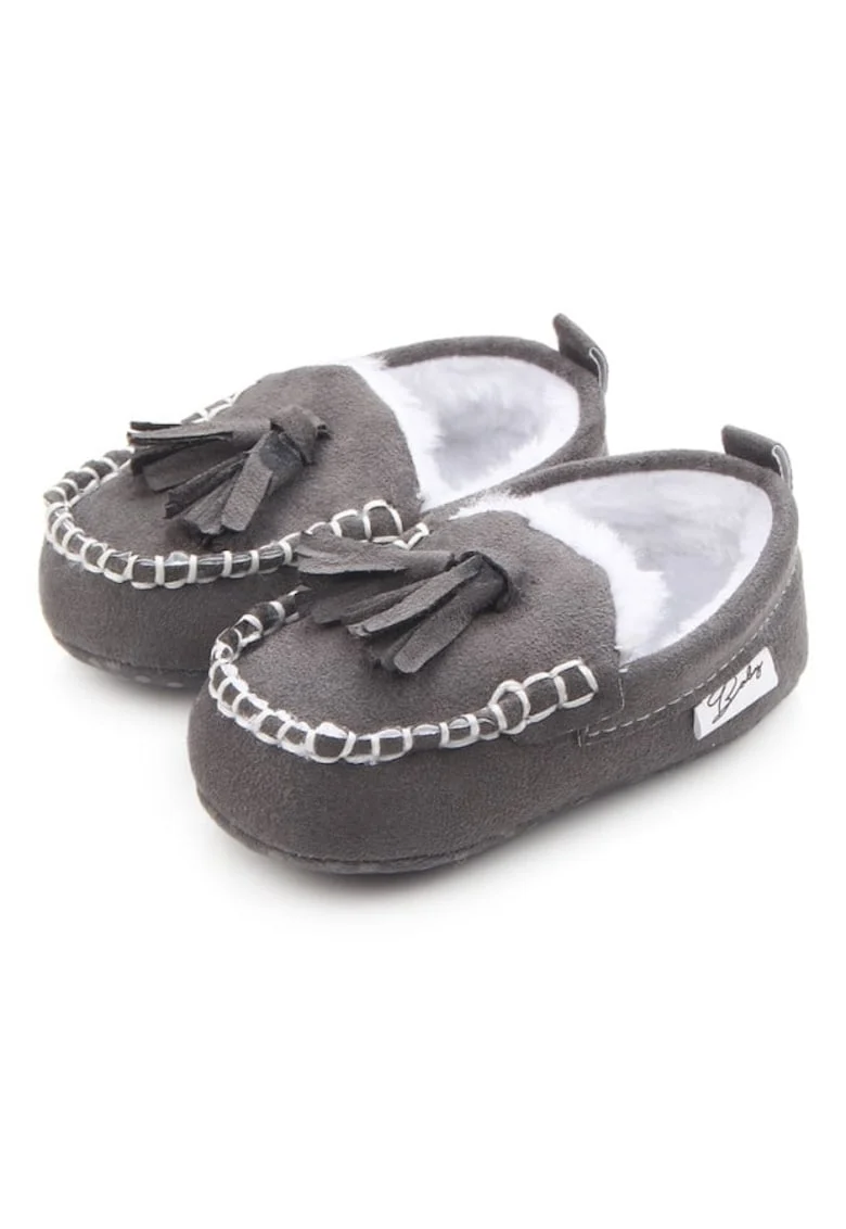 Pantofi  Imblaniti, Cu Ciucurei, Elegant, Piele intoarsa, Baieti, Fara inchidere, Gri, 6-12 luni, 19- 0