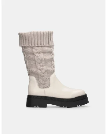 Cizme mid-calf din piele ecologica si tricot, Alb/Gri