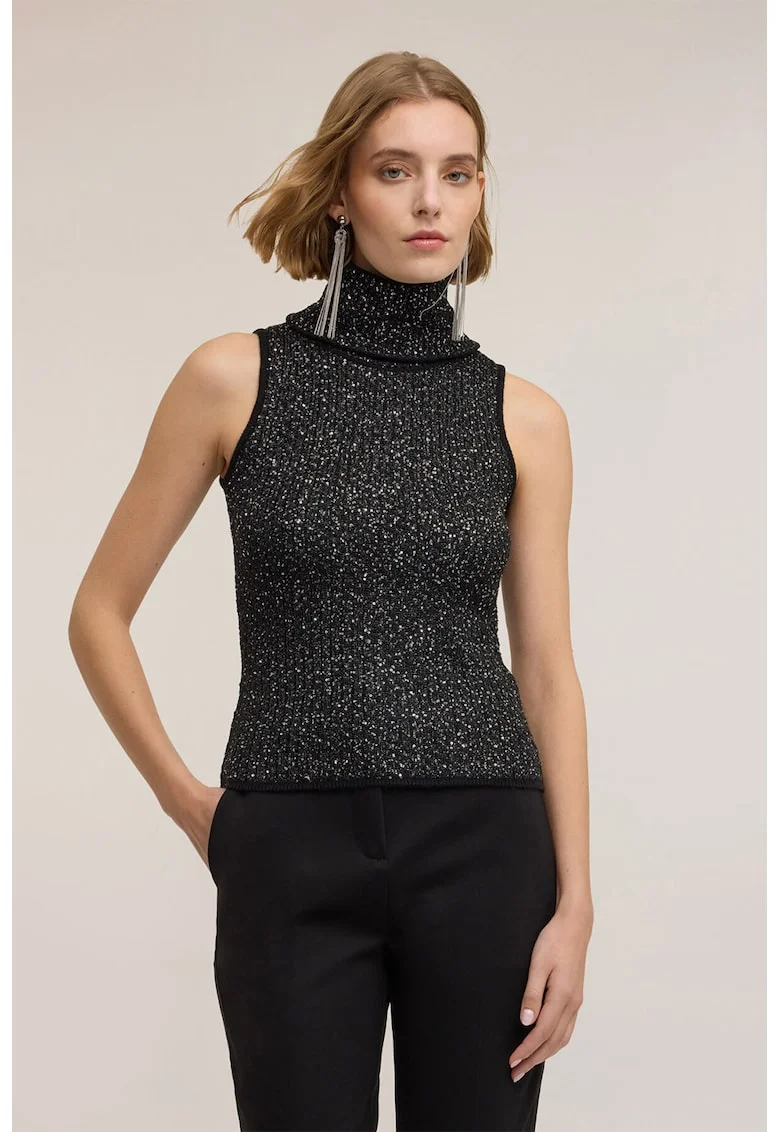 Pulover slim-fit cu guler inalt, Gri antracit/Argintiu