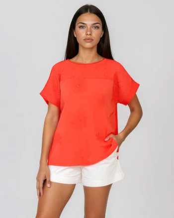 Bluză cu broderie spartă pe umeri corai - Unica S-L