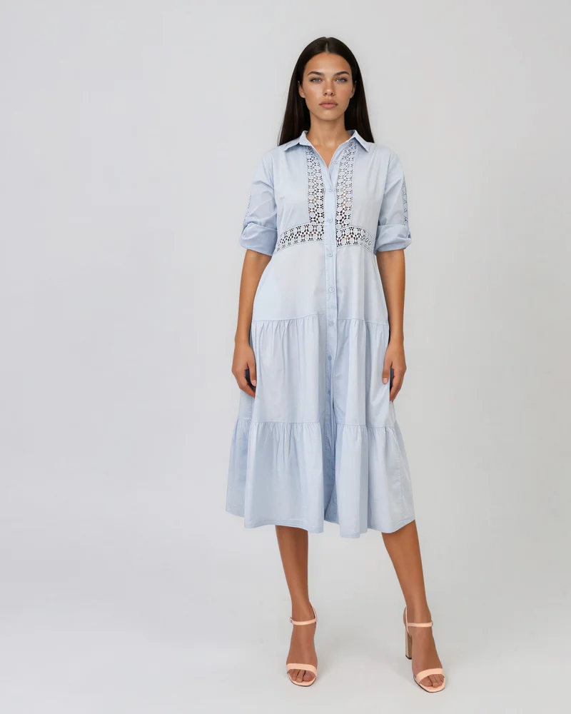 Rochie midi tip cămașă din bumbac cu broderie spartă pe bust și talie bleu - Unica S-L