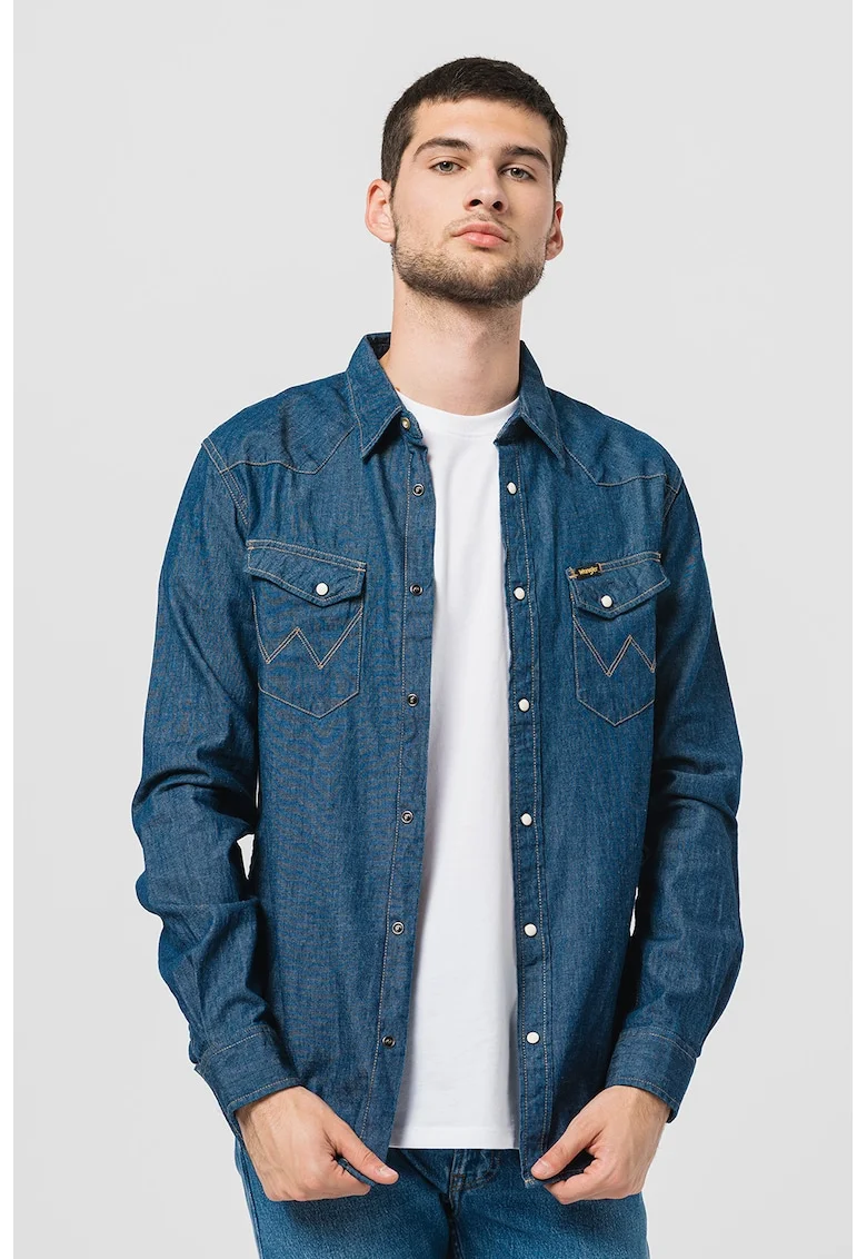 Camasa de denim cu cusaturi contrastante Western, Albastru inchis/Alb murdar