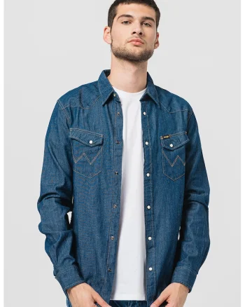 Camasa de denim cu cusaturi contrastante Western, Albastru inchis/Alb murdar