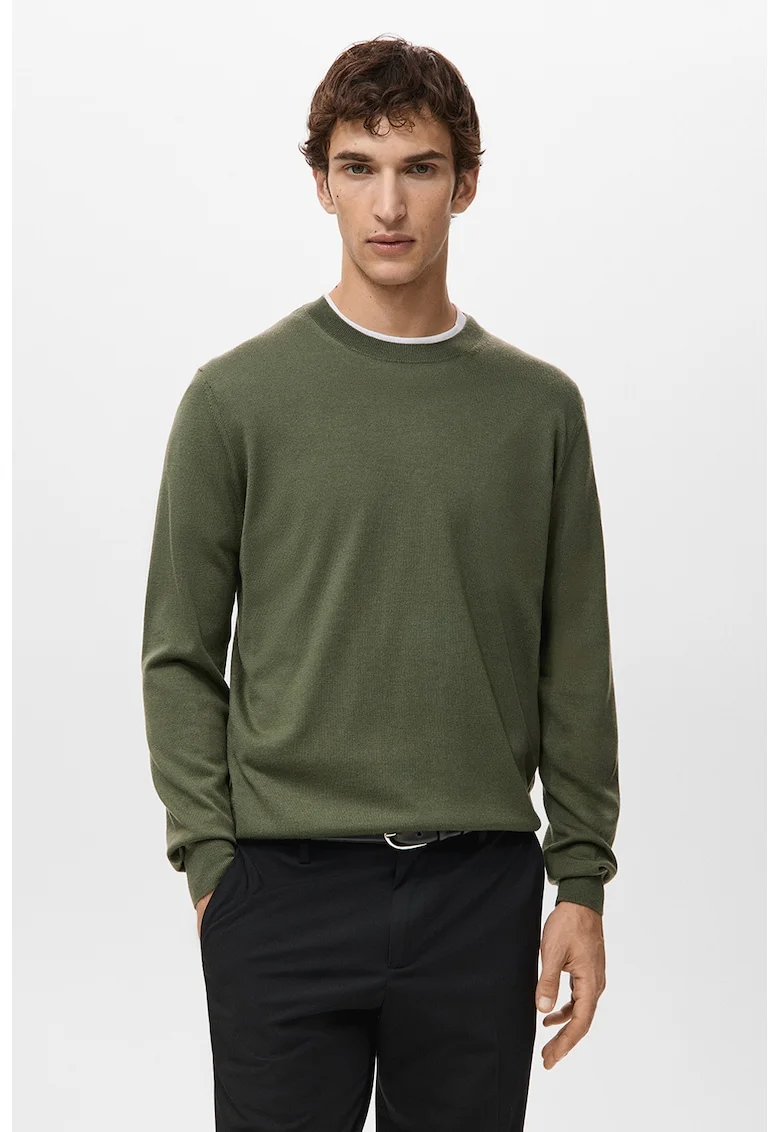 Pulover din lana cu decolteu rotund, Verde feriga
