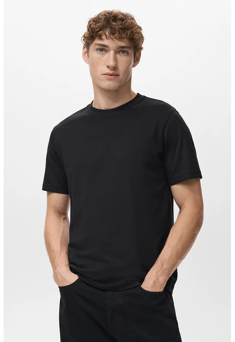 Tricou slim-fit din bumbac cu decolteu la baza gatului, Negru