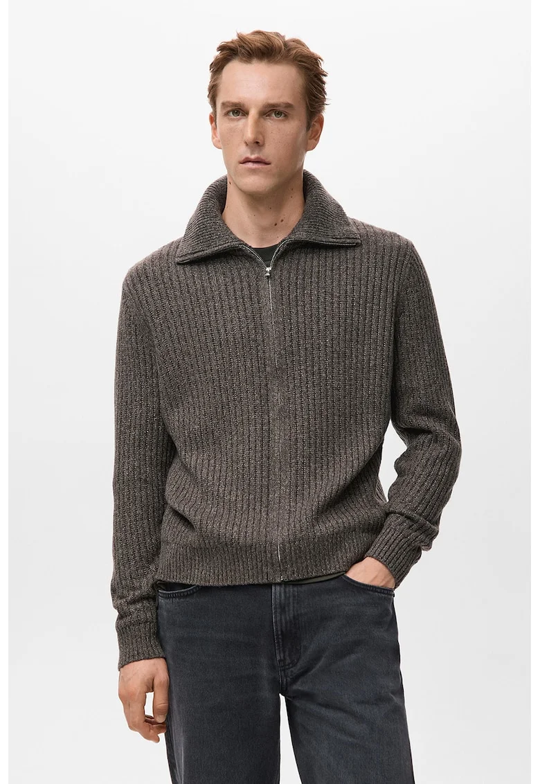 Cardigan din amestec de lana cu fermoar, Gri inchis melange