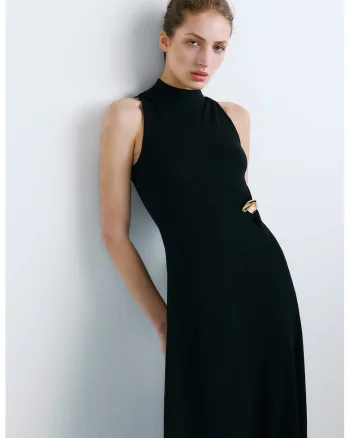 Rochie tricotata fin, fara maneci, Auriu/Negru